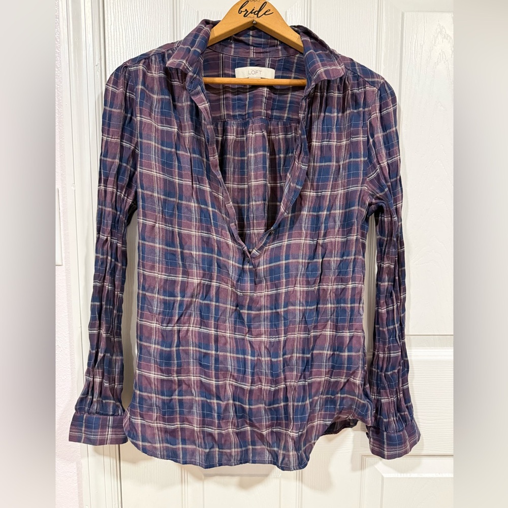 LOFT Women's Plum and Navy Plaid Button-Down Shirt